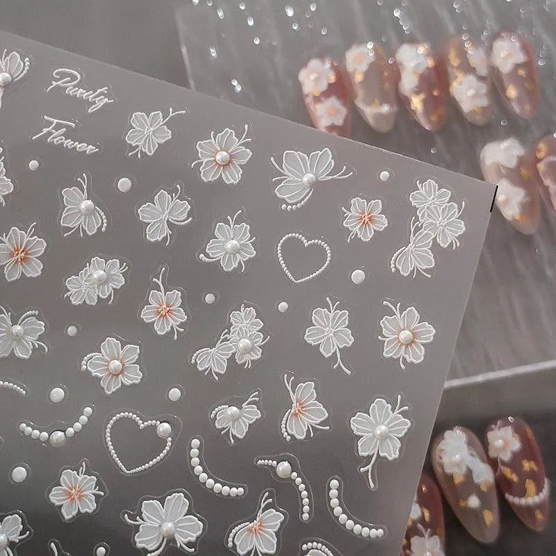 Flower Nail Art Stickers Adhesive Embossed White Flowers with Pearls Sticker Decals TL037
