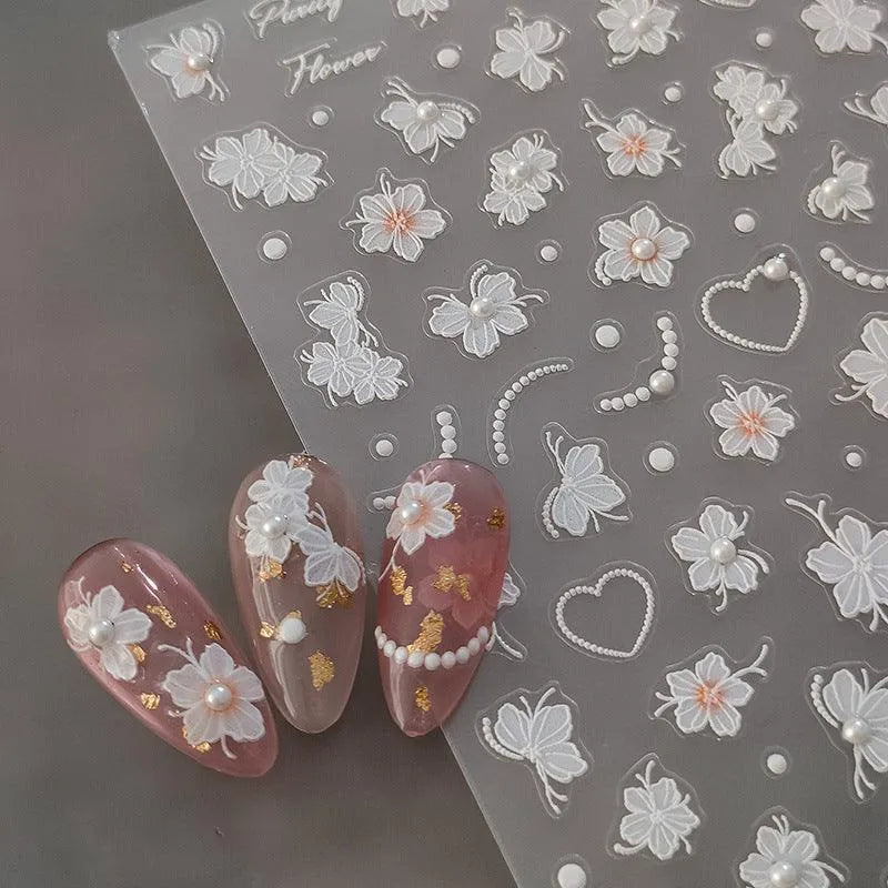 Flower Nail Art Stickers Adhesive Embossed White Flowers with Pearls Sticker Decals TL037