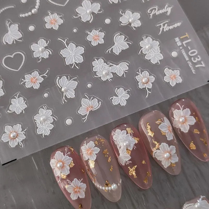 Flower Nail Art Stickers Adhesive Embossed White Flowers with Pearls Sticker Decals TL037