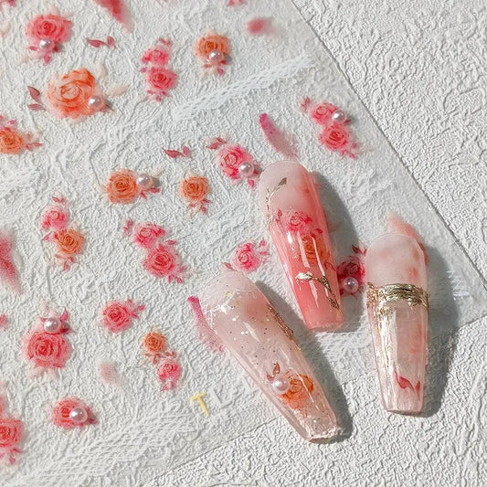 Flower Nail Art Stickers Adhesive Rose with Beads Sticker Decals TL120