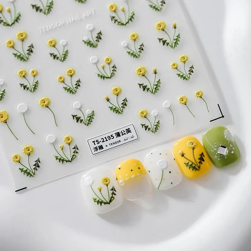 Flower Nail Art Stickers Adhesive Slider Embossed Dandelion Sticker Decals TS2194
