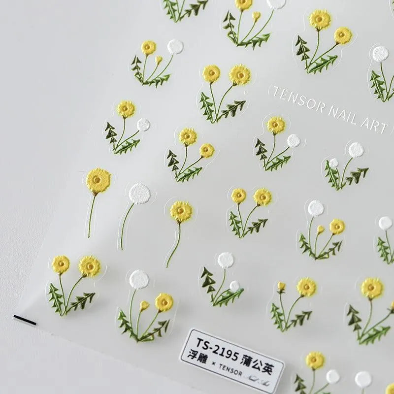 Flower Nail Art Stickers Adhesive Slider Embossed Dandelion Sticker Decals TS2194