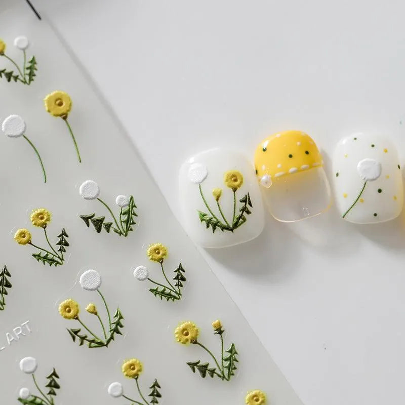 Flower Nail Art Stickers Adhesive Slider Embossed Dandelion Sticker Decals TS2194