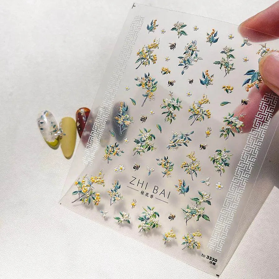 Flower Tree Nail Art Stickers Adhesive Embossed Osmanthus Flower Sticker Decals 