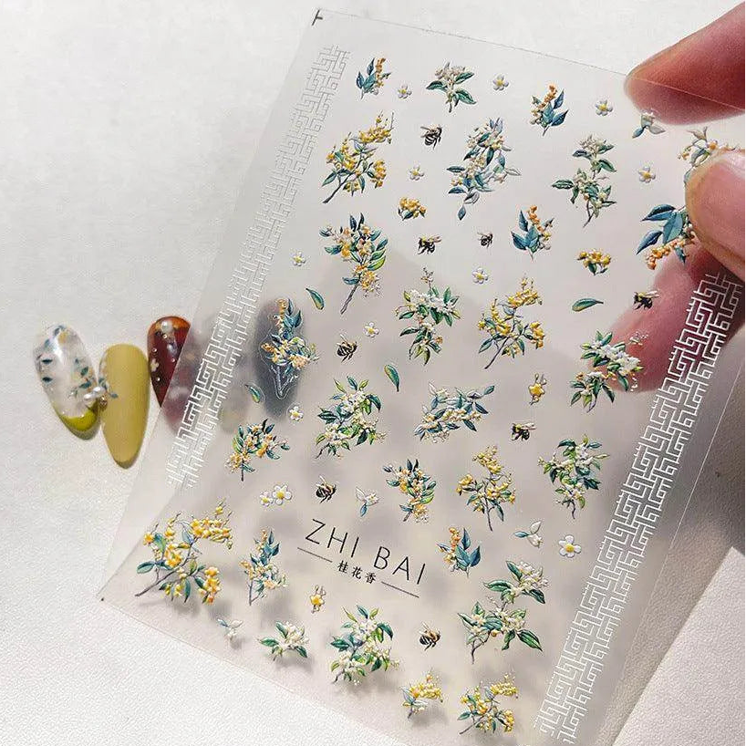 Flower Tree Nail Art Stickers Adhesive Embossed Osmanthus Flower Sticker Decals 