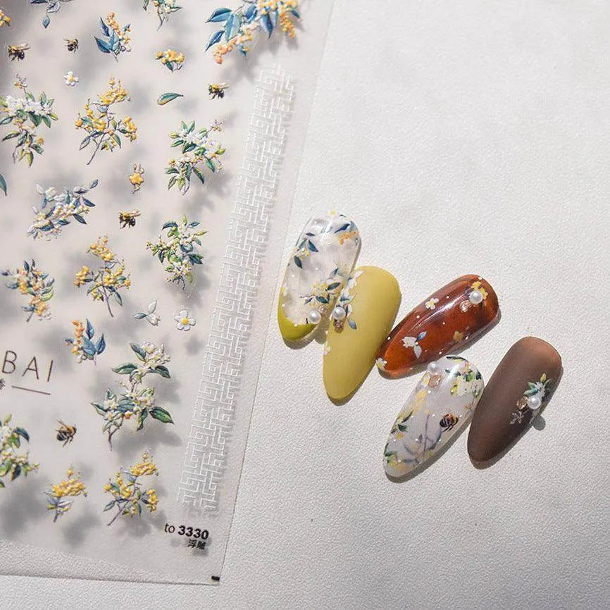 Flower Tree Nail Art Stickers Adhesive Embossed Osmanthus Flower Sticker Decals 