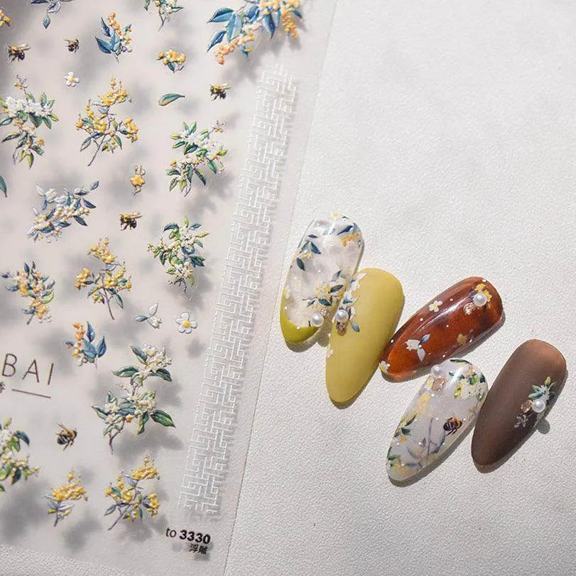 Flower Tree Nail Art Stickers Adhesive Embossed Osmanthus Flower Sticker Decals 