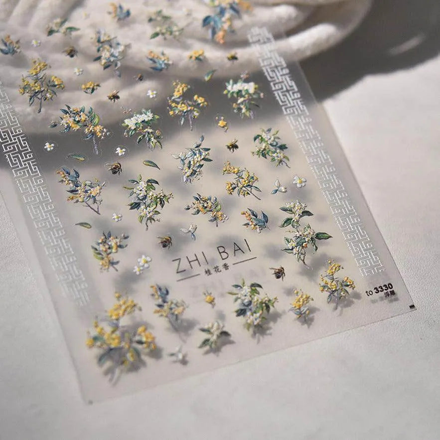 Flower Tree Nail Art Stickers Adhesive Embossed Osmanthus Flower Sticker Decals 
