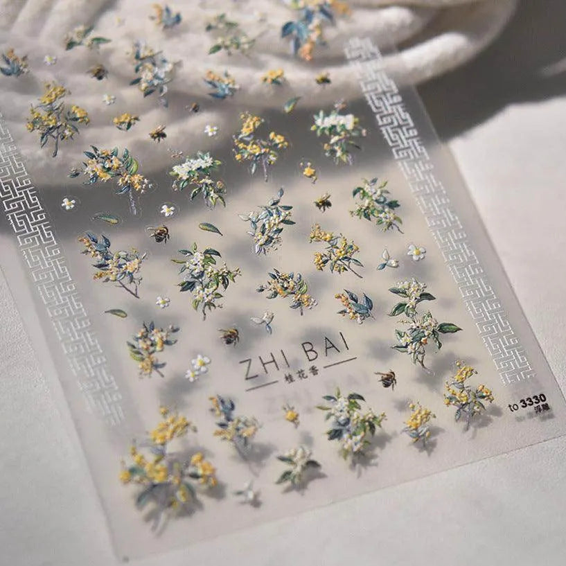 Flower Tree Nail Art Stickers Adhesive Embossed Osmanthus Flower Sticker Decals 