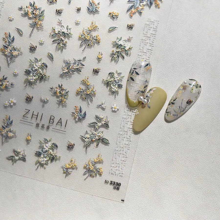 Flower Tree Nail Art Stickers Adhesive Embossed Osmanthus Flower Sticker Decals 