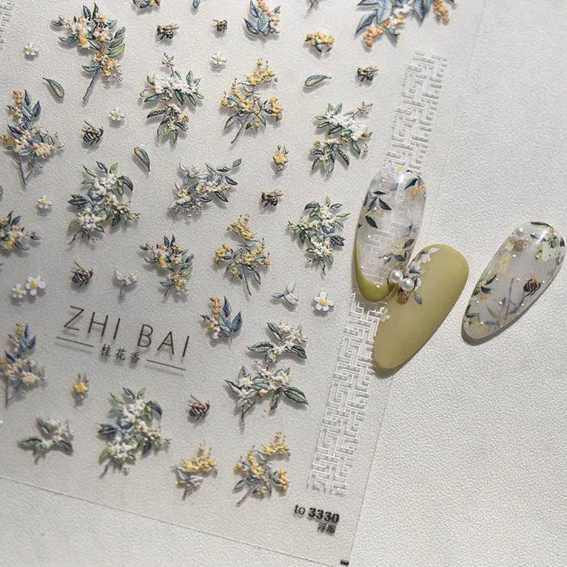 Flower Tree Nail Art Stickers Adhesive Embossed Osmanthus Flower Sticker Decals 