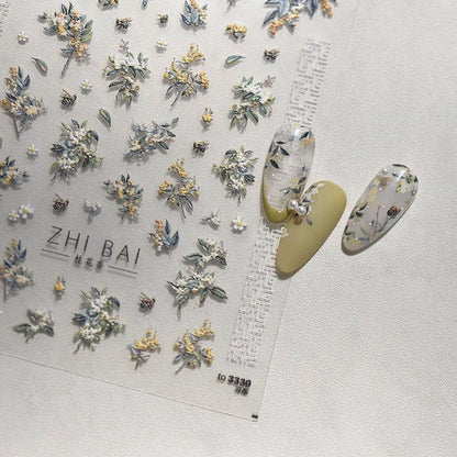 Flower Tree Nail Art Stickers Adhesive Embossed Osmanthus Flower Sticker Decals 