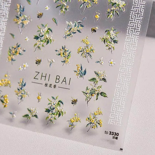 Flower Tree Nail Art Stickers Adhesive Embossed Osmanthus Flower Sticker Decals 