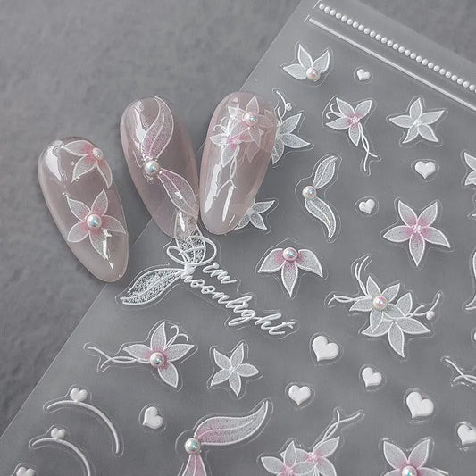 Flower With Pearl Nail Art Stickers 3D Floral Adhesive Sliders Sticker Decals TL046