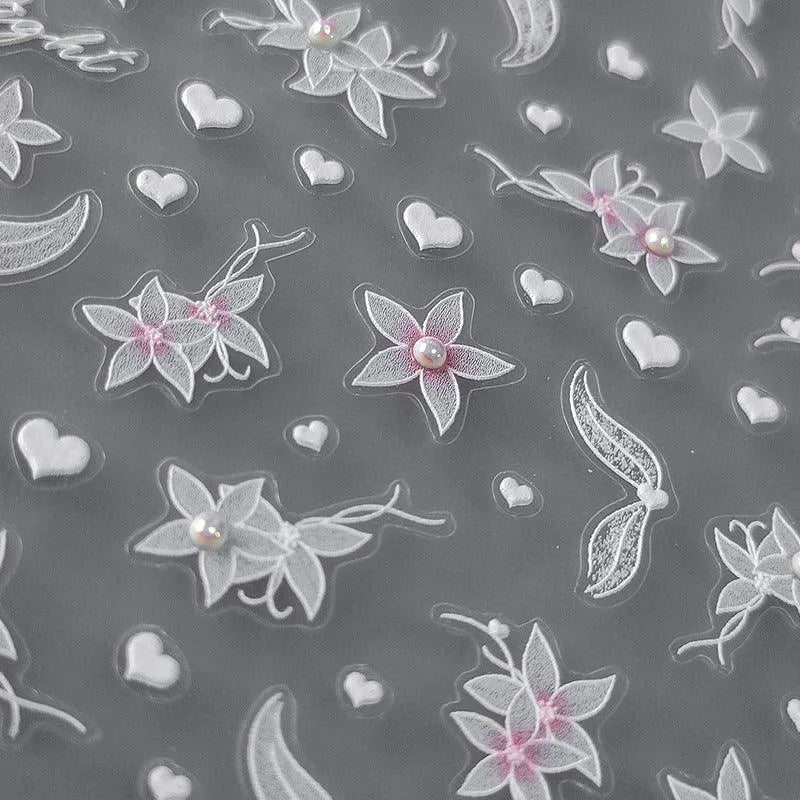 Flower With Pearl Nail Art Stickers 3D Floral Adhesive Sliders Sticker Decals TL046
