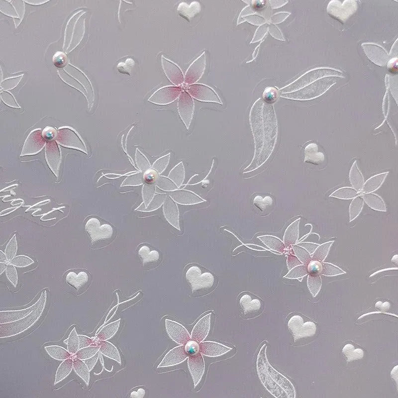 Flower With Pearl Nail Art Stickers 3D Floral Adhesive Sliders Sticker Decals TL046
