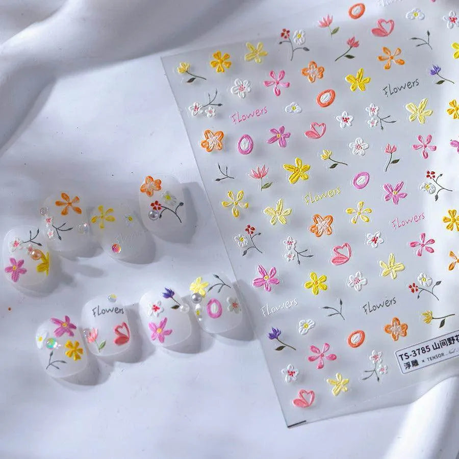 Flowers Nail Art Stickers Floral Adhesive Embossed Sticker Decals 