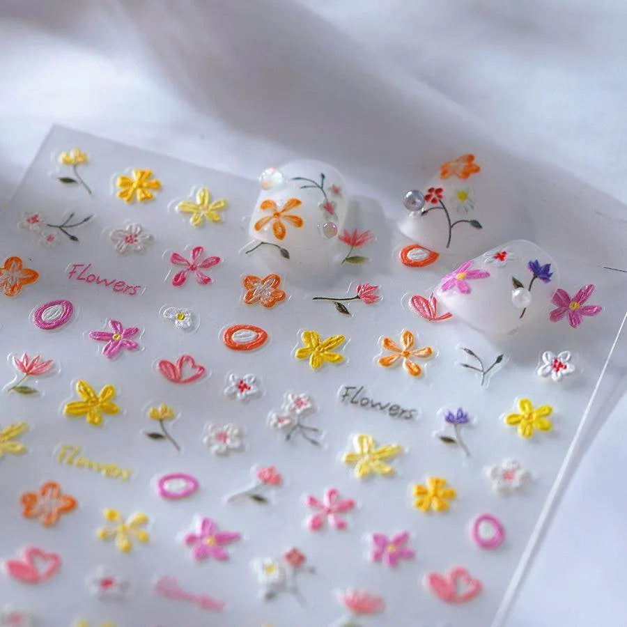 Flowers Nail Art Stickers Floral Adhesive Embossed Sticker Decals 