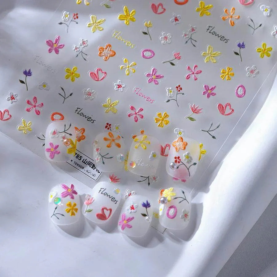 Flowers Nail Art Stickers Floral Adhesive Embossed Sticker Decals 