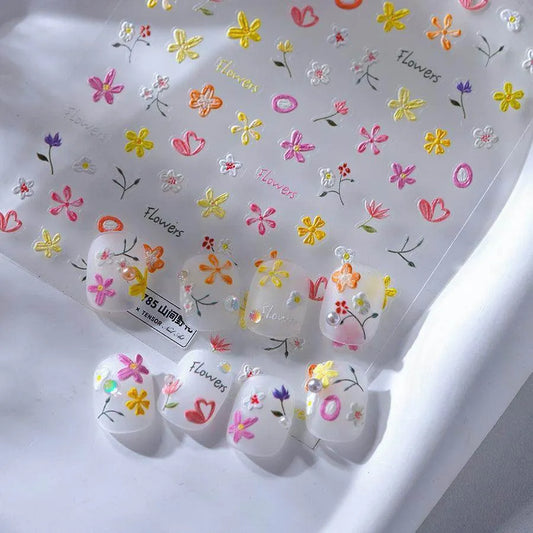 Flowers Nail Art Stickers Floral Adhesive Embossed Sticker Decals 