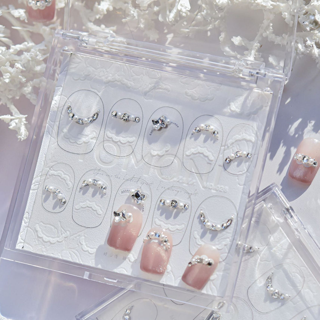 French Lace Pearl Rhinestone Nail Stickers – Pre-Arranged Self-Adhesive Nail Gems MD028