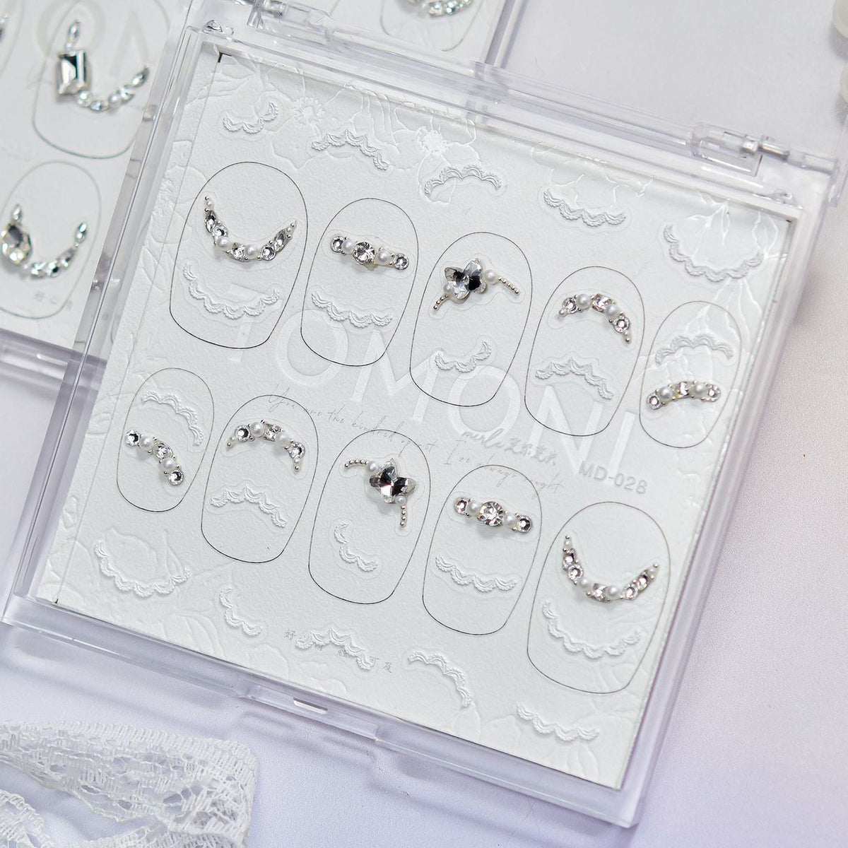 French Lace Pearl Rhinestone Nail Stickers – Pre-Arranged Self-Adhesive Nail Gems MD028