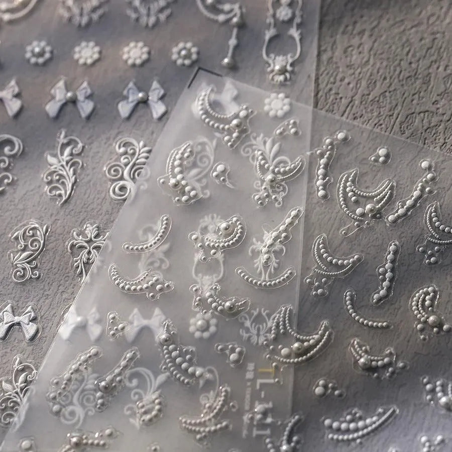French Nail Art Stickers Adhesive Slider White Pearl Lace Sticker Decals TL121