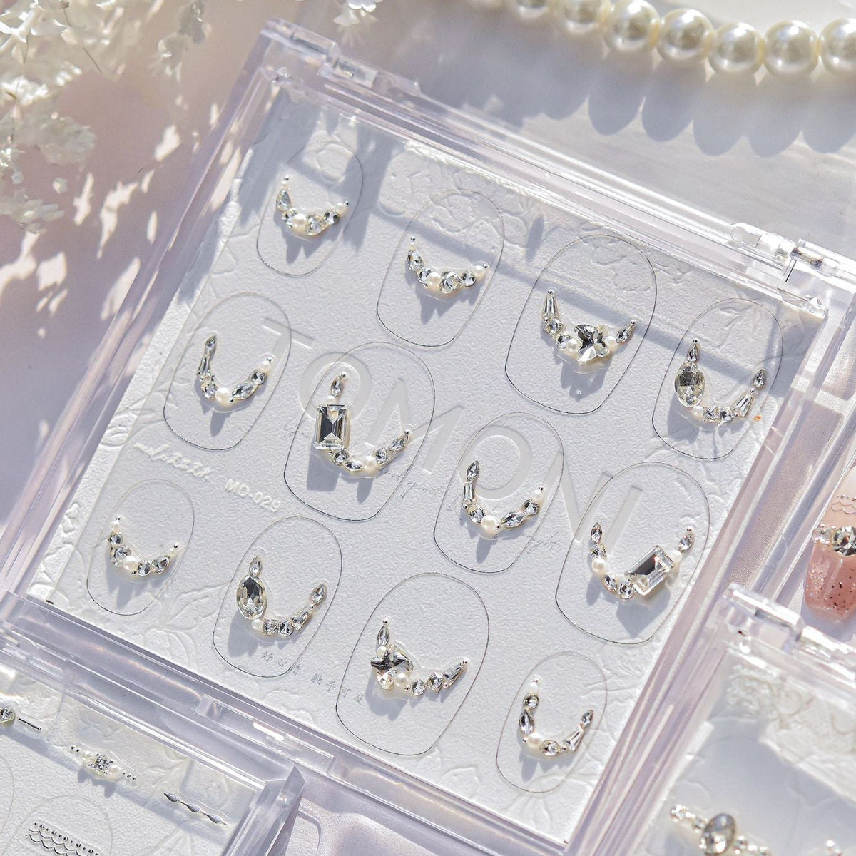French Tip Pearl Rhinestone Nail Stickers – Pre-Arranged Self-Adhesive Nail Gems MD029