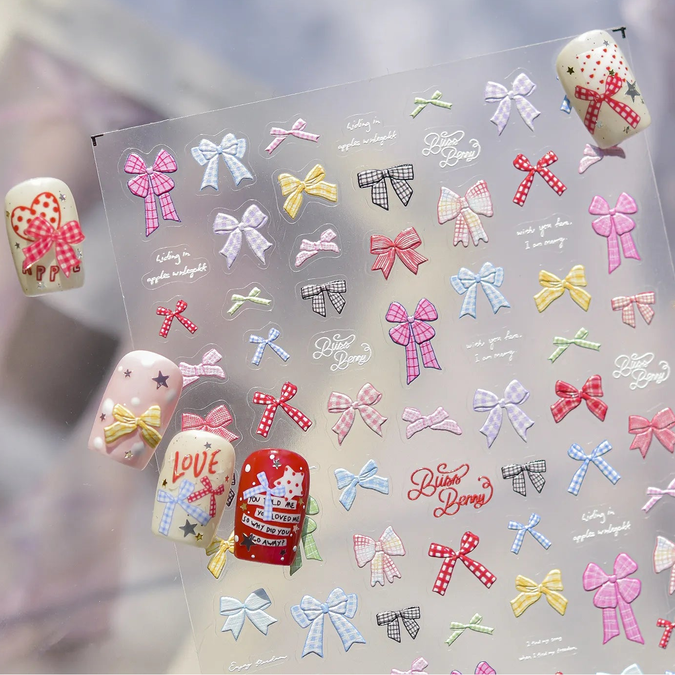 Gingham Plaid Bow Nail Stickers - Preppy Coquette Art Decals 5579