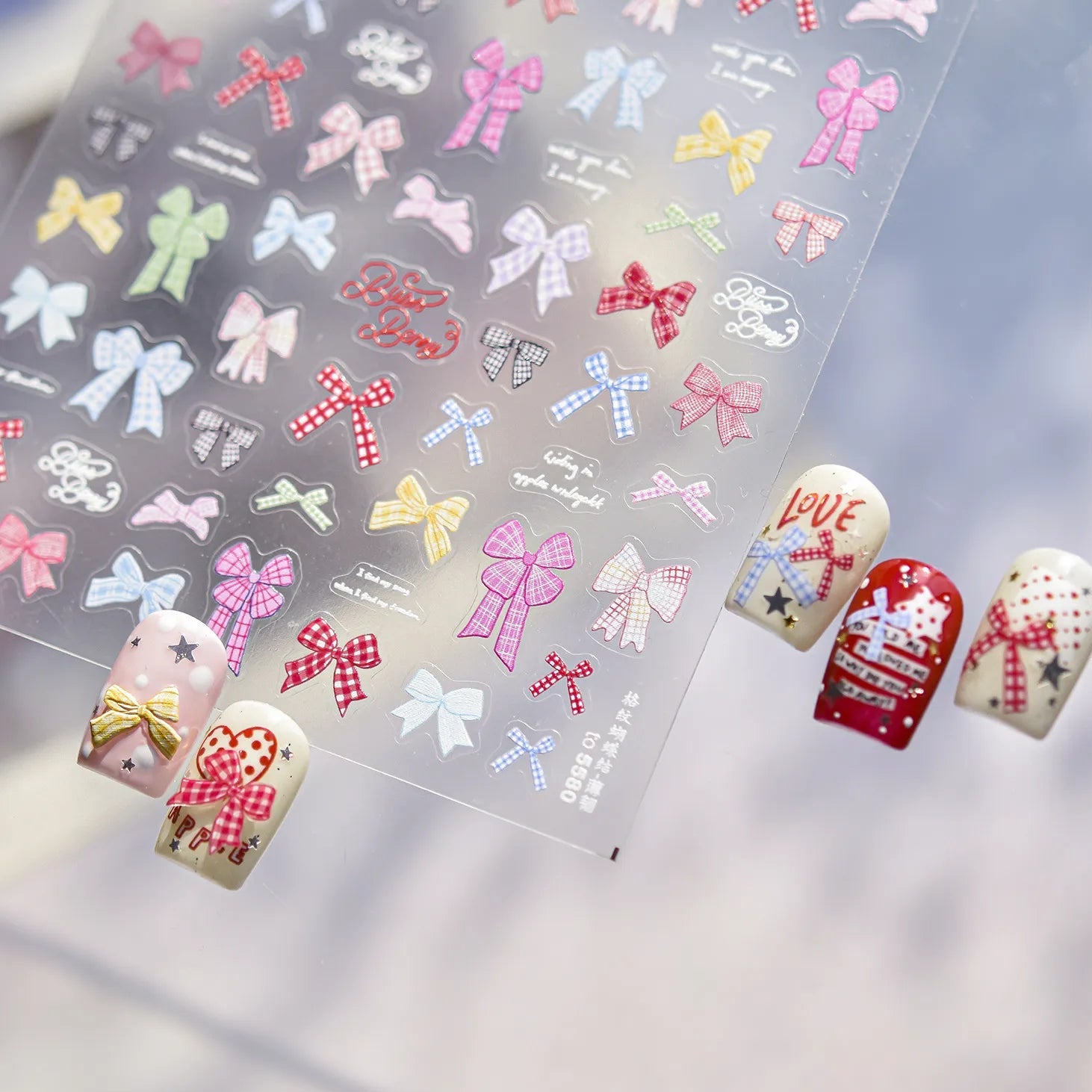 Gingham Plaid Bow Nail Stickers - Preppy Coquette Art Decals 5579