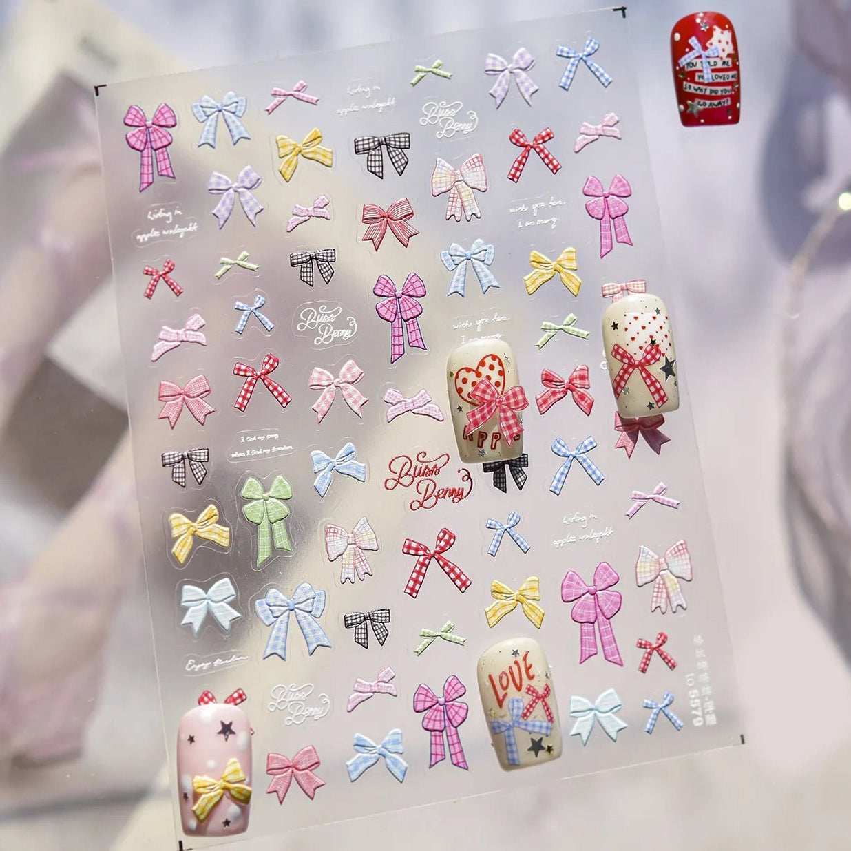 Gingham Plaid Bow Nail Stickers - Preppy Coquette Art Decals 5579