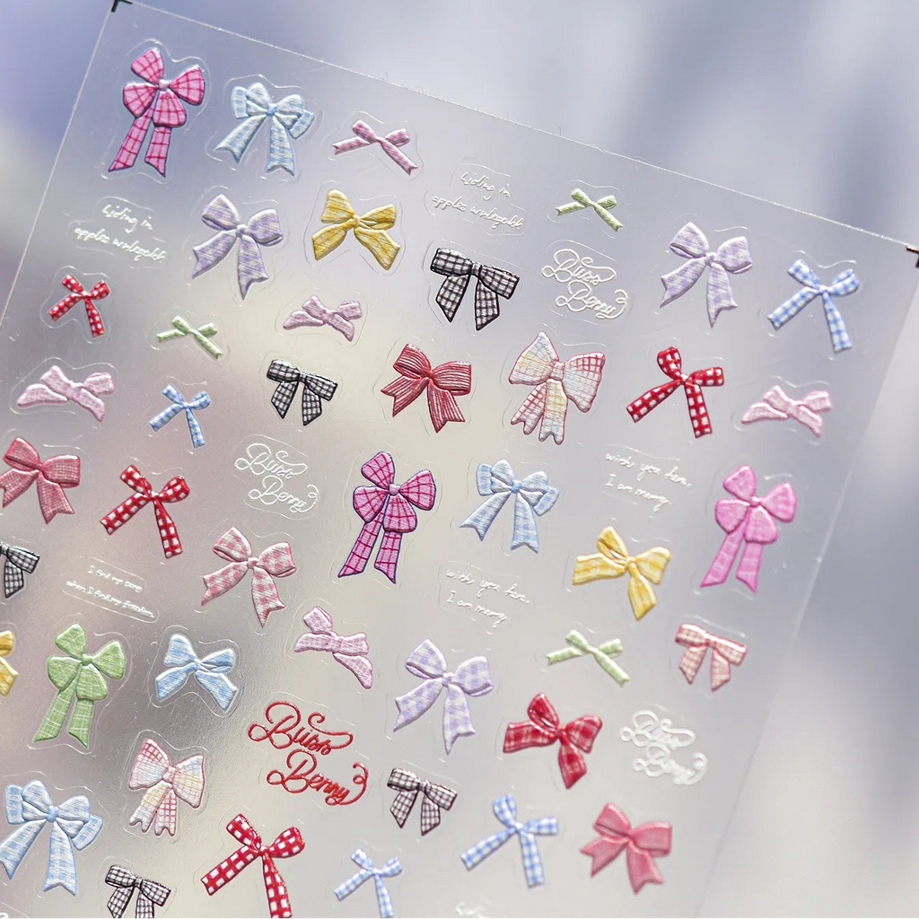 Gingham Plaid Bow Nail Stickers - Preppy Coquette Art Decals 5579