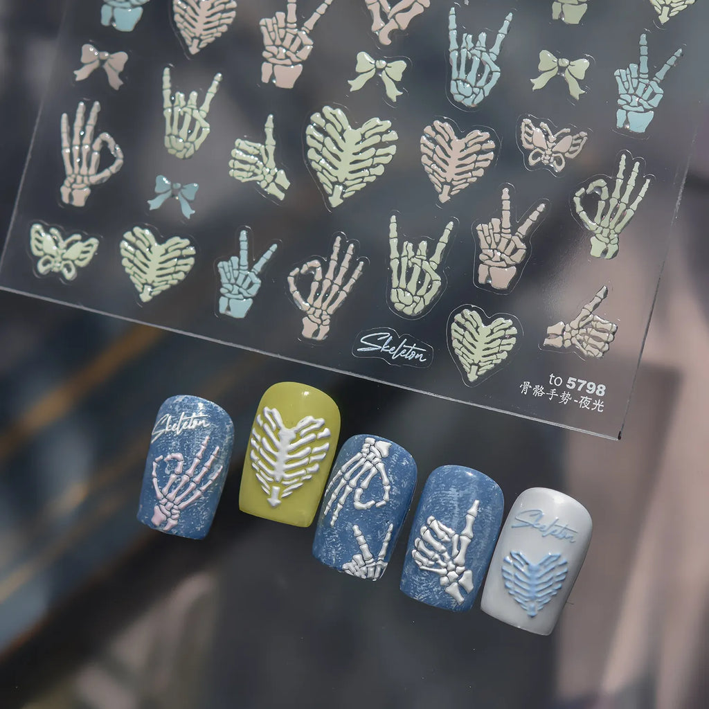 Glow in the Dark Skeleton Hand Nail Stickers - Gothic Heart Decals 5798
