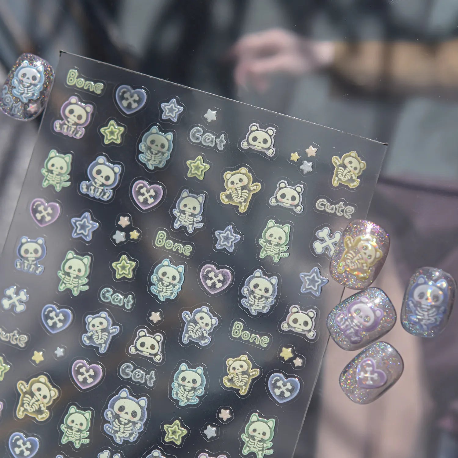 Glow in the Dark Skeleton Hand Nail Stickers - Gothic Heart Decals