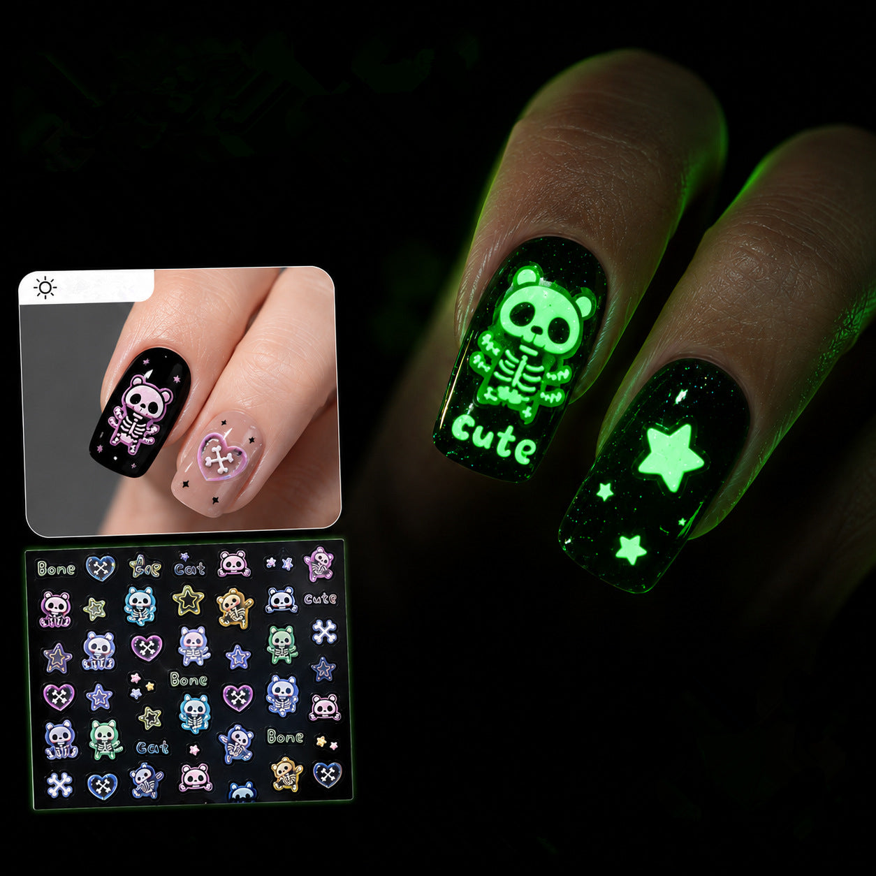 Glow in the Dark Skeleton Hand Nail Stickers - Gothic Heart Decals