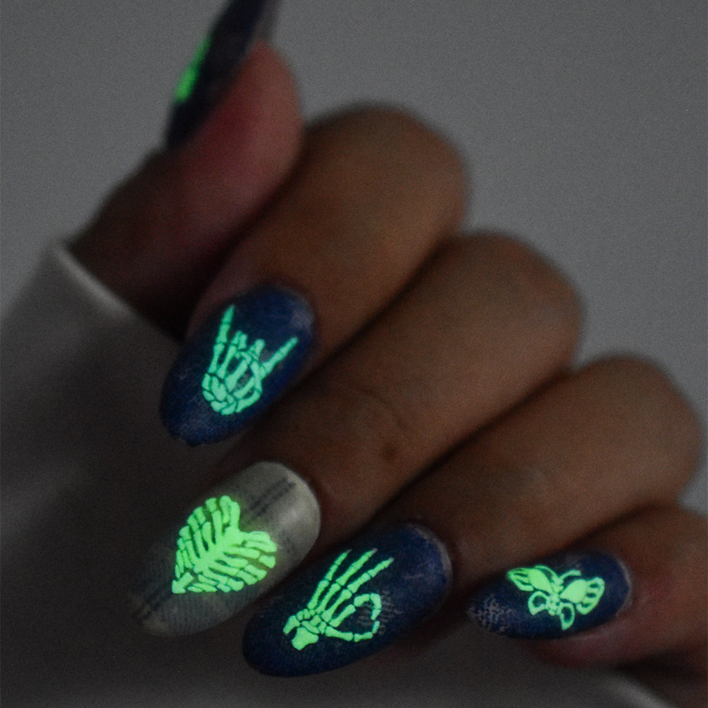 Glow in the Dark Skeleton Hand Nail Stickers - Gothic Heart Decals 5798