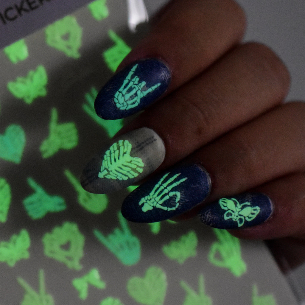 Glow in the Dark Skeleton Hand Nail Stickers - Gothic Heart Decals 5798
