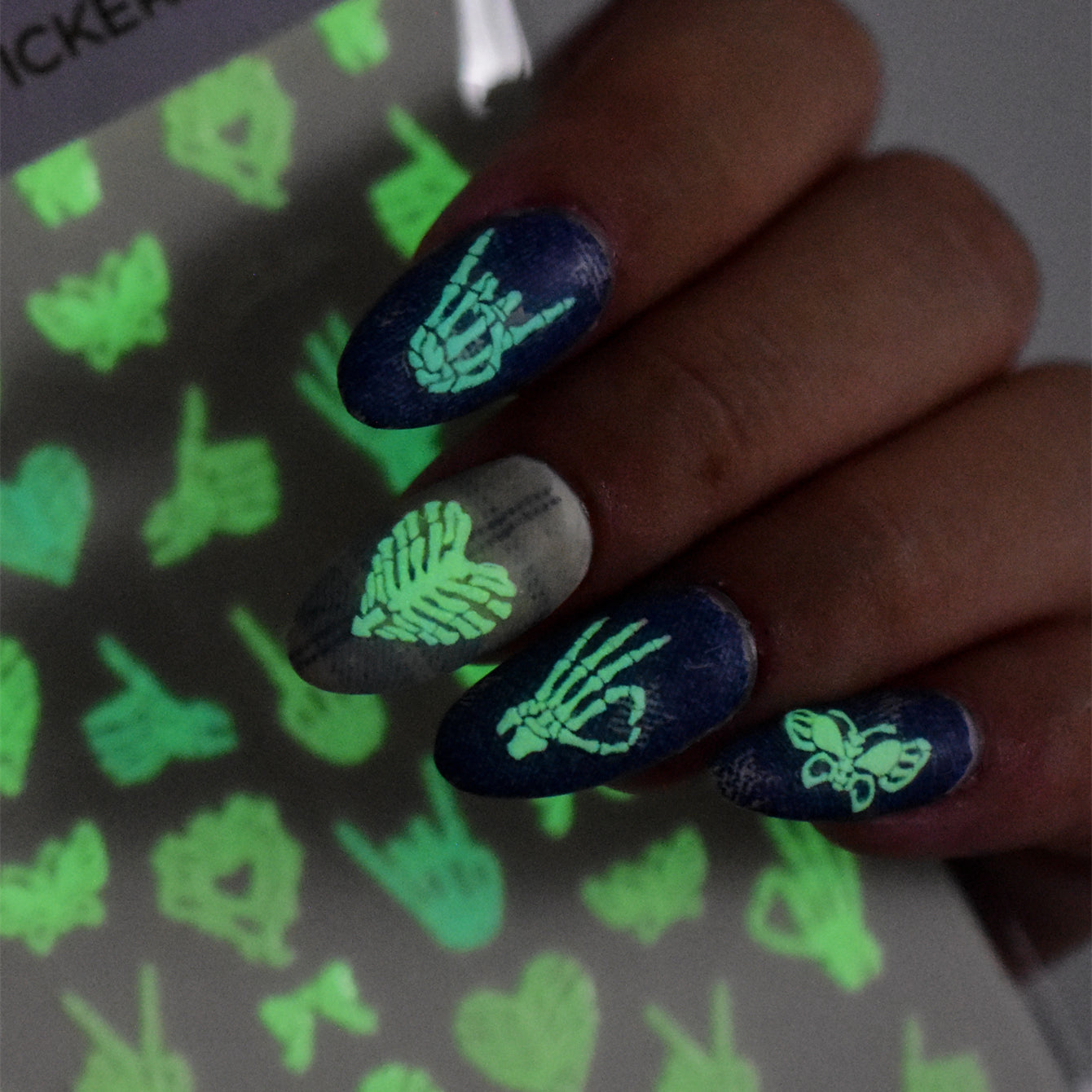 Glow in the Dark Skeleton Hand Nail Stickers - Gothic Heart Decals 5798