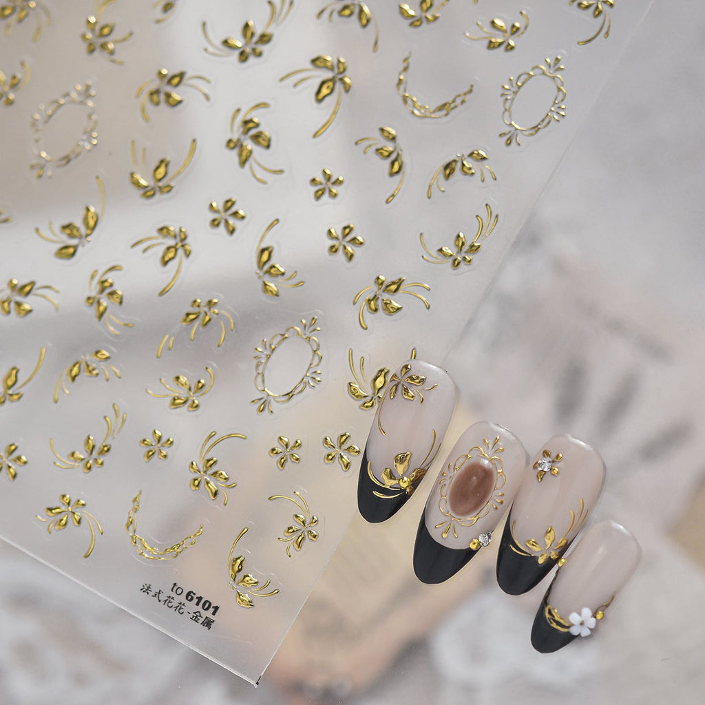 Gold 5D Floral Nail Stickers - Embossed Dried Flower & Botanical Decals