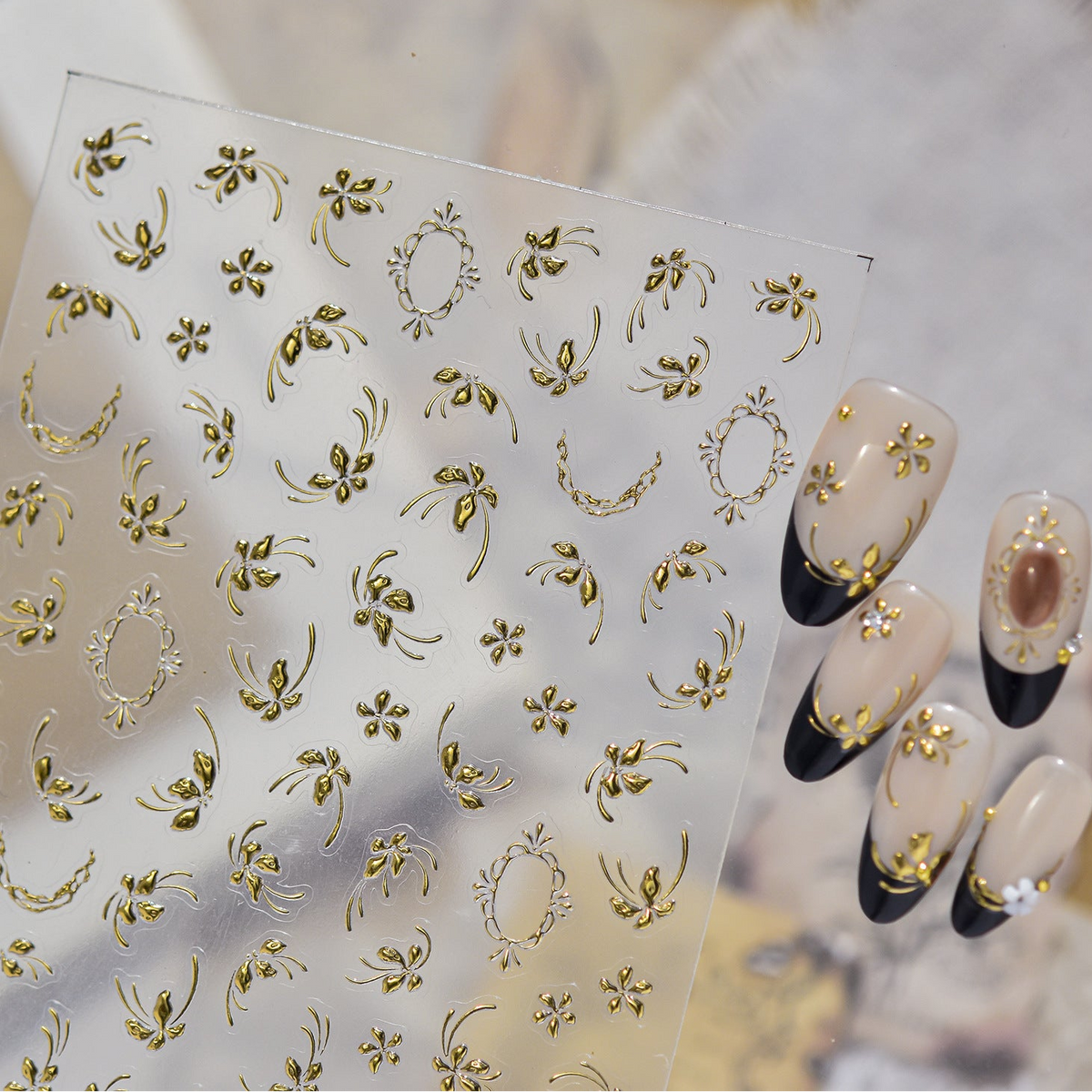 Gold 5D Floral Nail Stickers - Embossed Dried Flower & Botanical Decals