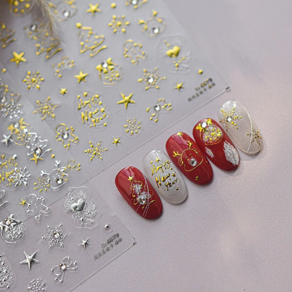 Gold Christmas Tree Nail Art Stickers Elk Adhesive Embossed Sticker Decals to4679