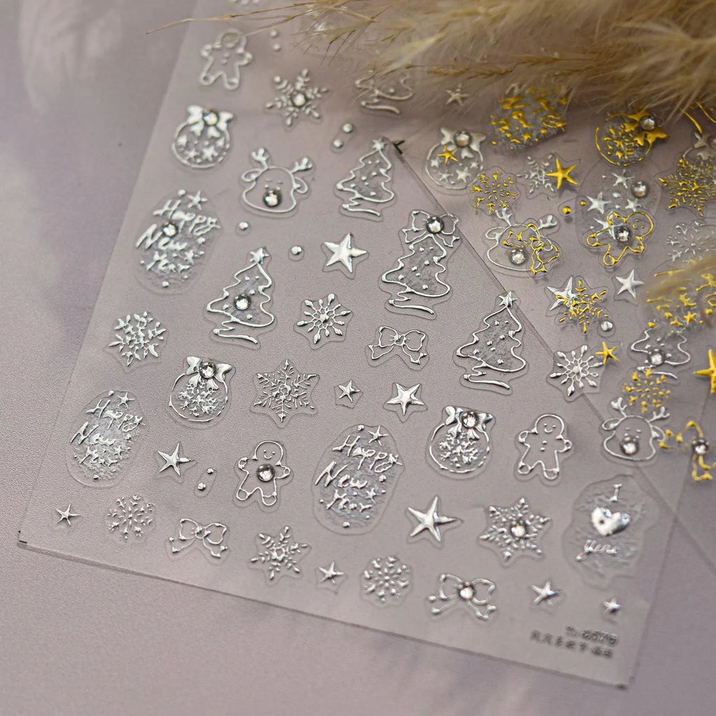 Gold Christmas Tree Nail Art Stickers Elk Adhesive Embossed Sticker Decals to4679