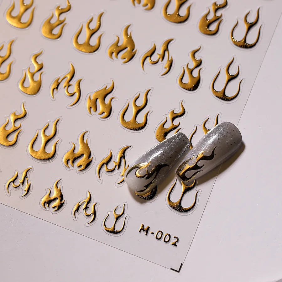 Gold Flame Nail Art Stickers Adhesive Slider Metal Colors Sticker Decals Gold Silver Fire M002