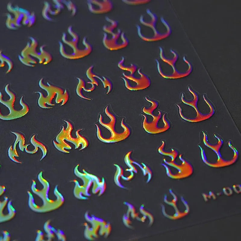 Gold Flame Nail Art Stickers Adhesive Slider Metal Colors Sticker Decals Gold Silver Fire M002