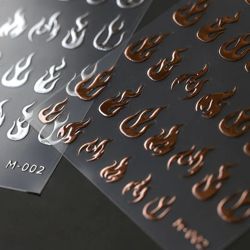 Gold Flame Nail Art Stickers Adhesive Slider Metal Colors Sticker Decals Gold Silver Fire M002