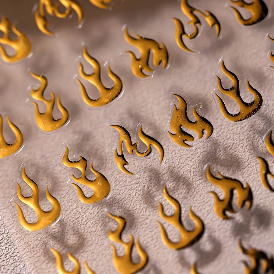 Gold Flame Nail Art Stickers Adhesive Slider Metal Colors Sticker Decals Gold Silver Fire M002