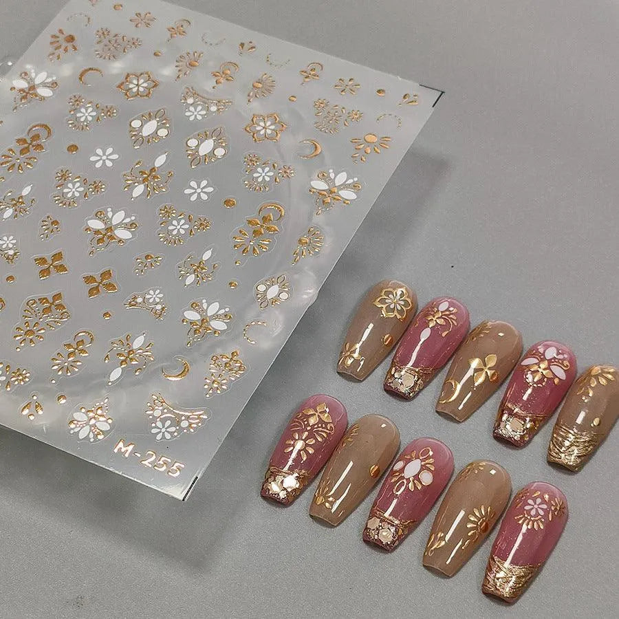Gold Floral Nail Art Stickers 3D Adhesive Slider Metal Flower Sticker Decals M255