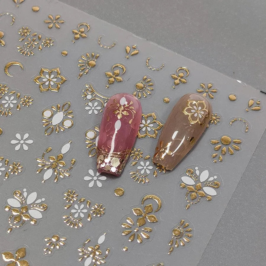 Gold Floral Nail Art Stickers 3D Adhesive Slider Metal Flower Sticker Decals M255