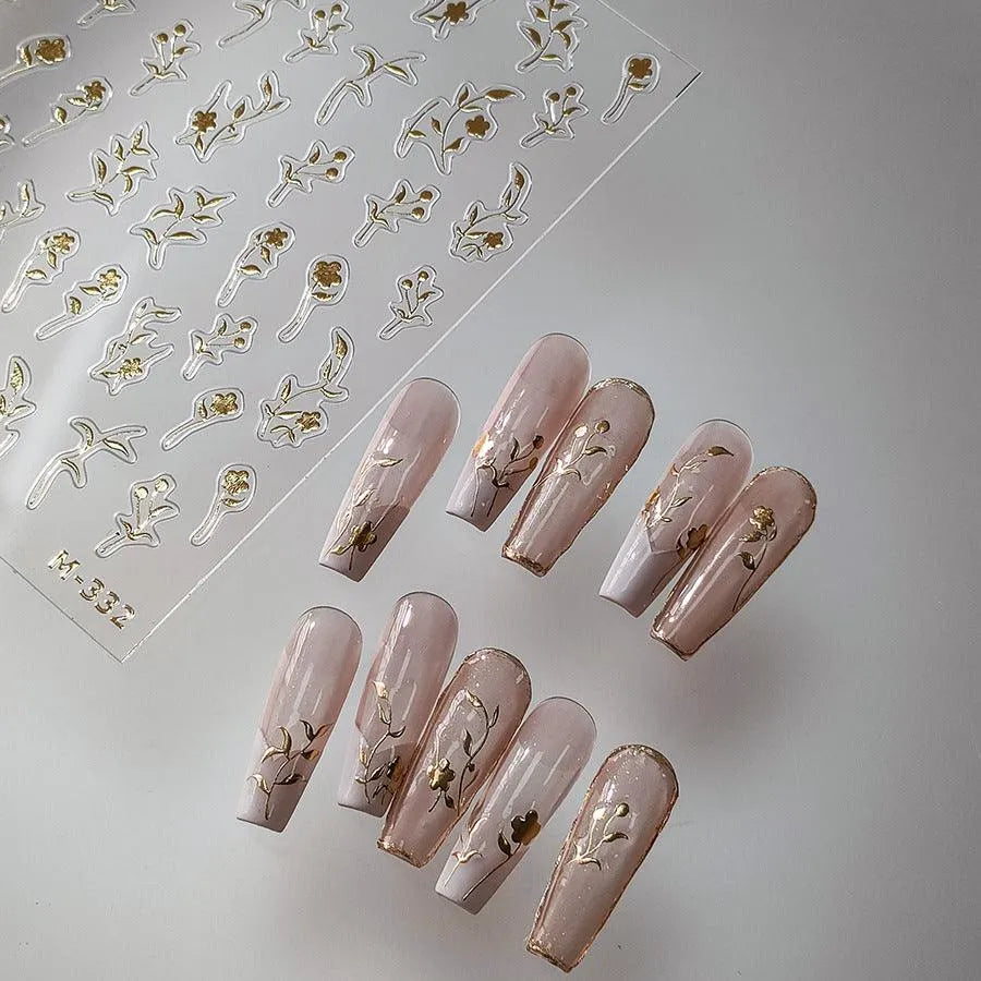 Gold Floral Nail Art Stickers 3D Adhesive Slider Rose Flower Sticker Decals M332