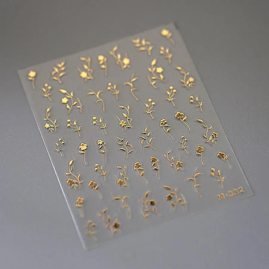 Gold Floral Nail Art Stickers 3D Adhesive Slider Rose Flower Sticker Decals M332
